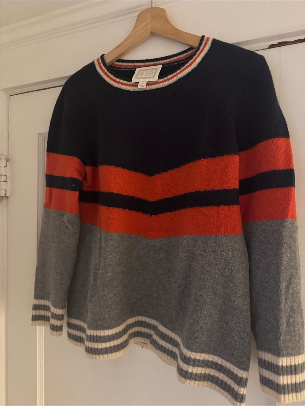 Sail to Sable Navy Sweater with Red and White Stripe Trim